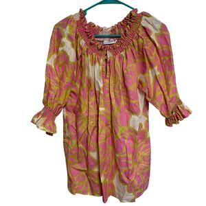 FOIL Women’s 100% Linen Pink Floral Pattern 1/2 Sleeve Scoop Neck Blouse Size 10